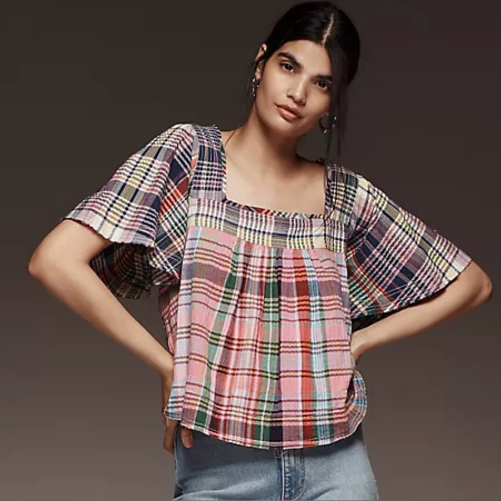 Anthropologie Plaid Pink Multi Short-Sleeve Peasant Blouse